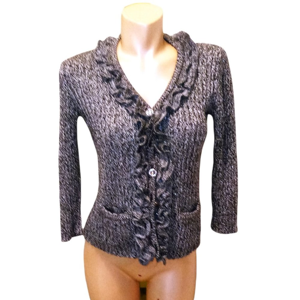 RUBY RD GRAY GLITTER RUFFLED BUTTON DOWN FRONT SWEATER CARDIGAN SIZE SMALL